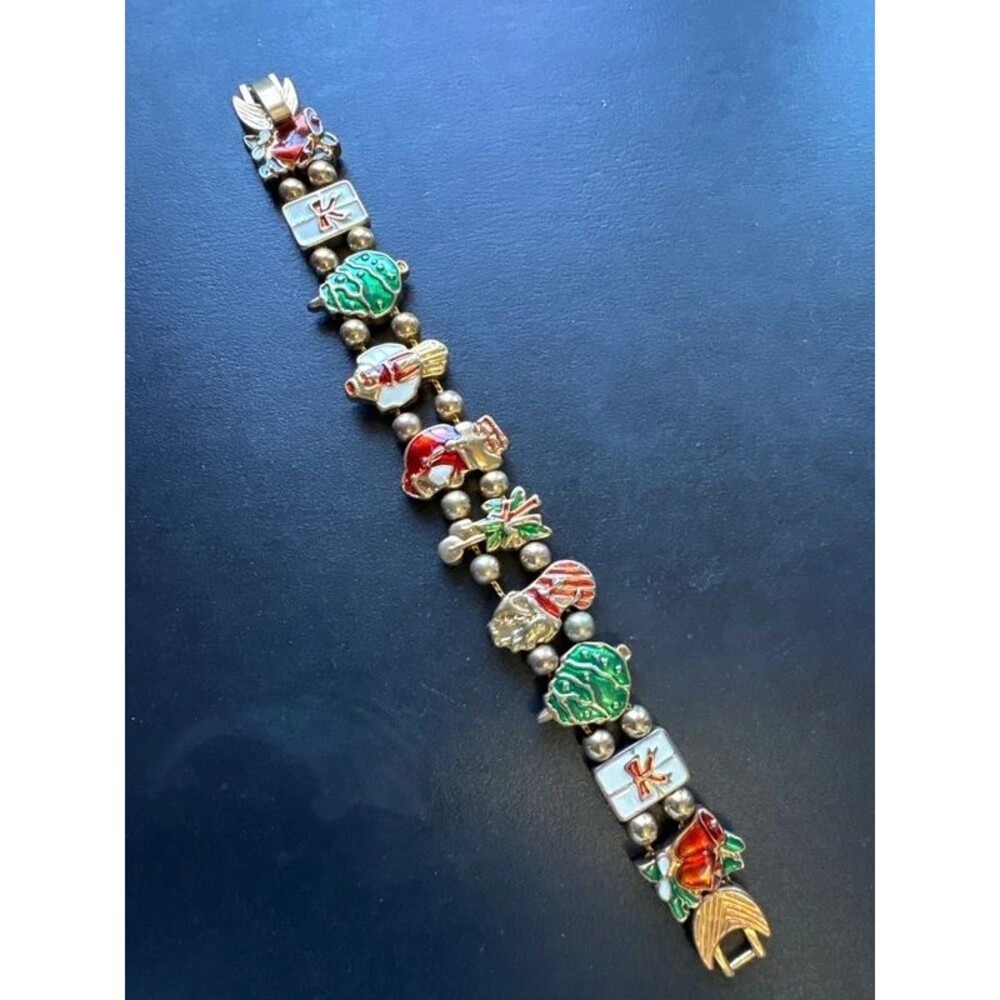 Vintage Avon Christmas Slide Charm Bracelet Enamel Gold Tone Santa Tree Gift 7”